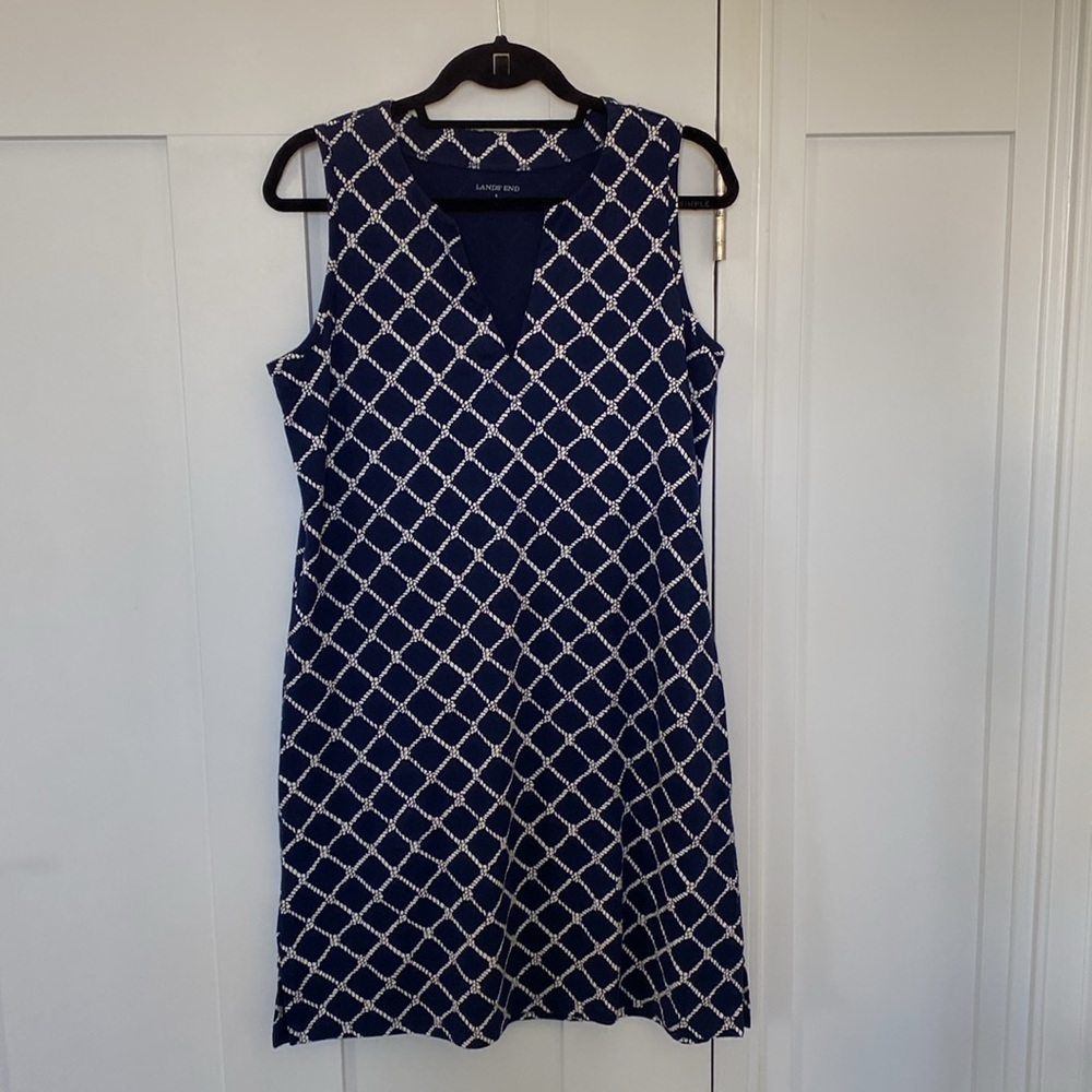 Lands End Navy Blue Rope Print Knit Dress size Small